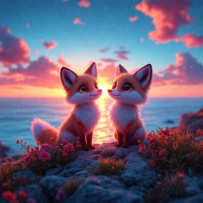 The image features two cute fox characters sitting on a rocky surface, possibly a cliff, with a beautiful sunset in the background. The foxes are facing each other, creating a sense of connection and companionship. The scene is set against a backdrop of a pink sky, adding a touch of warmth and serenity to the image. The visual style appears to be a combination of digital art and illustration, giving the scene a unique and charming appearance.